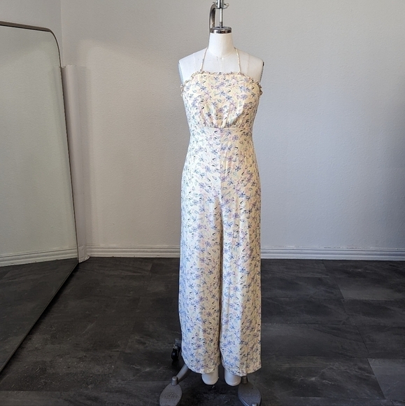 Gianni Bini Floral Halter Wide Leg Jumpsuit Yellow M bohemian summer cottagecore - Picture 2 of 10